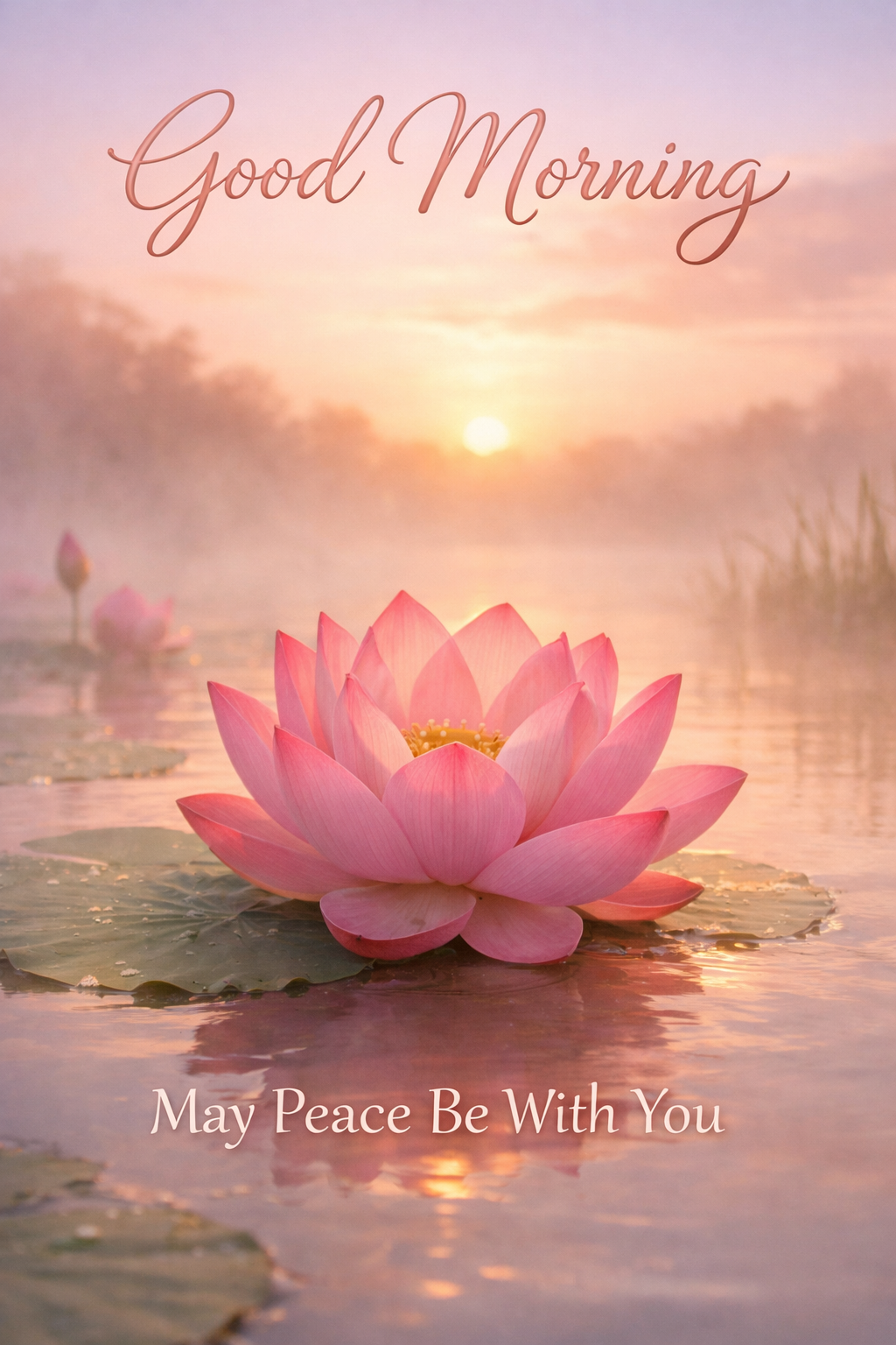 Good morning image lotus flower sunrise pond mist May Peace Be With You